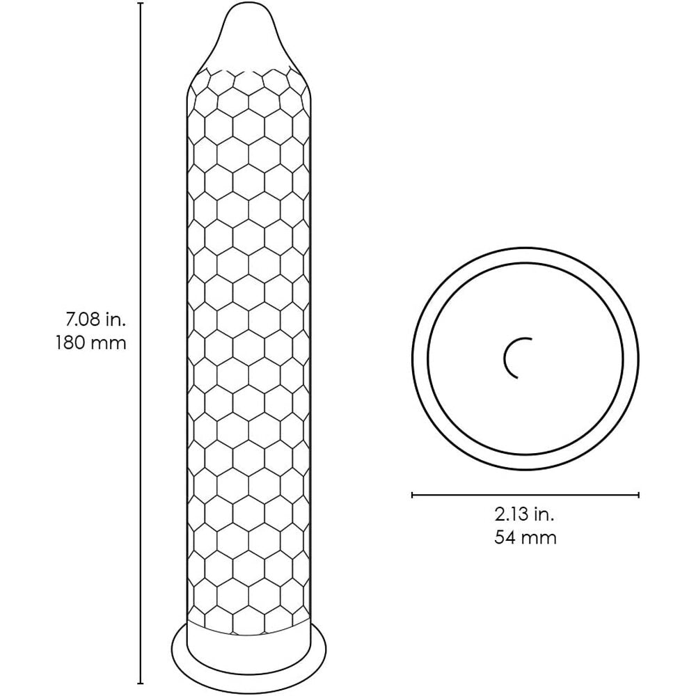 Technical drawing of Lelo Hex condom, showing length and diameter.