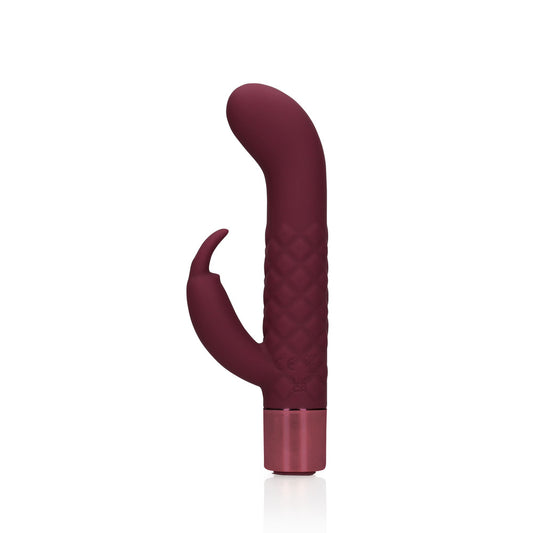 Burgundy vibrator with a textured handle and a rabbit stimulator.