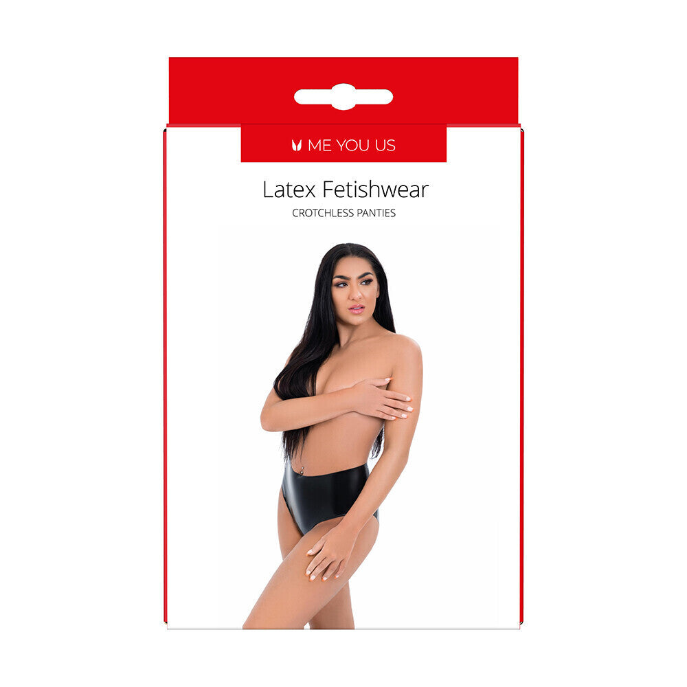 Me You Us latex crotchless knickers packaging featuring a confident model.