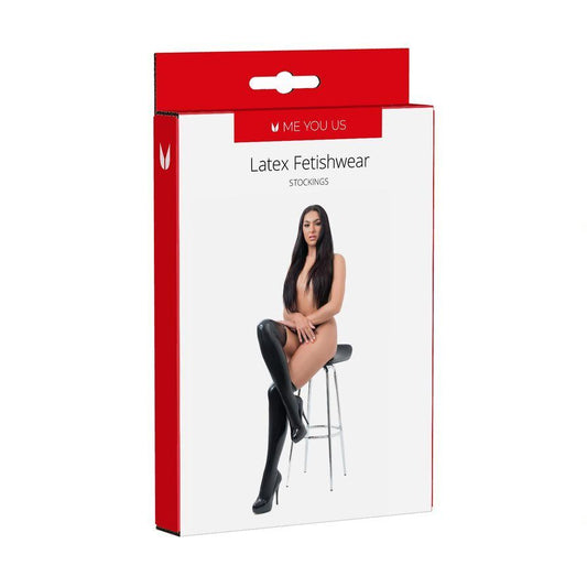 Me You Us Latex Stockings packaging with model.
