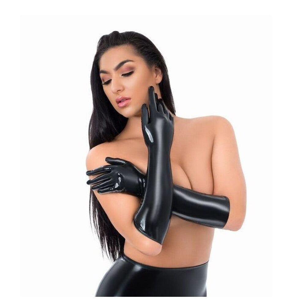 Latex elegance: Woman wearing Me You Us full-length gloves and skirt.