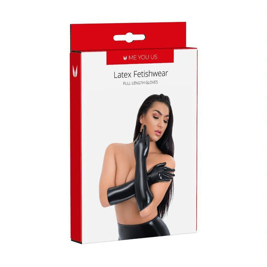 Me You Us latex full length gloves in packaging. Sultry allure, confident touch!