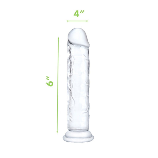 Clear, 6-inch dong by Me You Us, with a textured shaft and a 4-inch head, perfect for exploring pleasure.