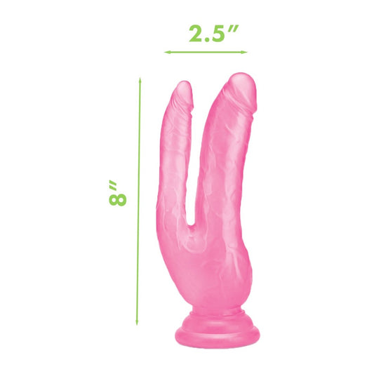 Pink 8 inch double dildo for shared pleasure.