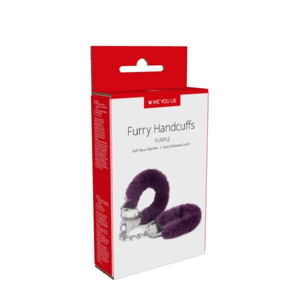 Me You Us purple furry handcuffs packaged. Soft faux feather and a quick release catch.