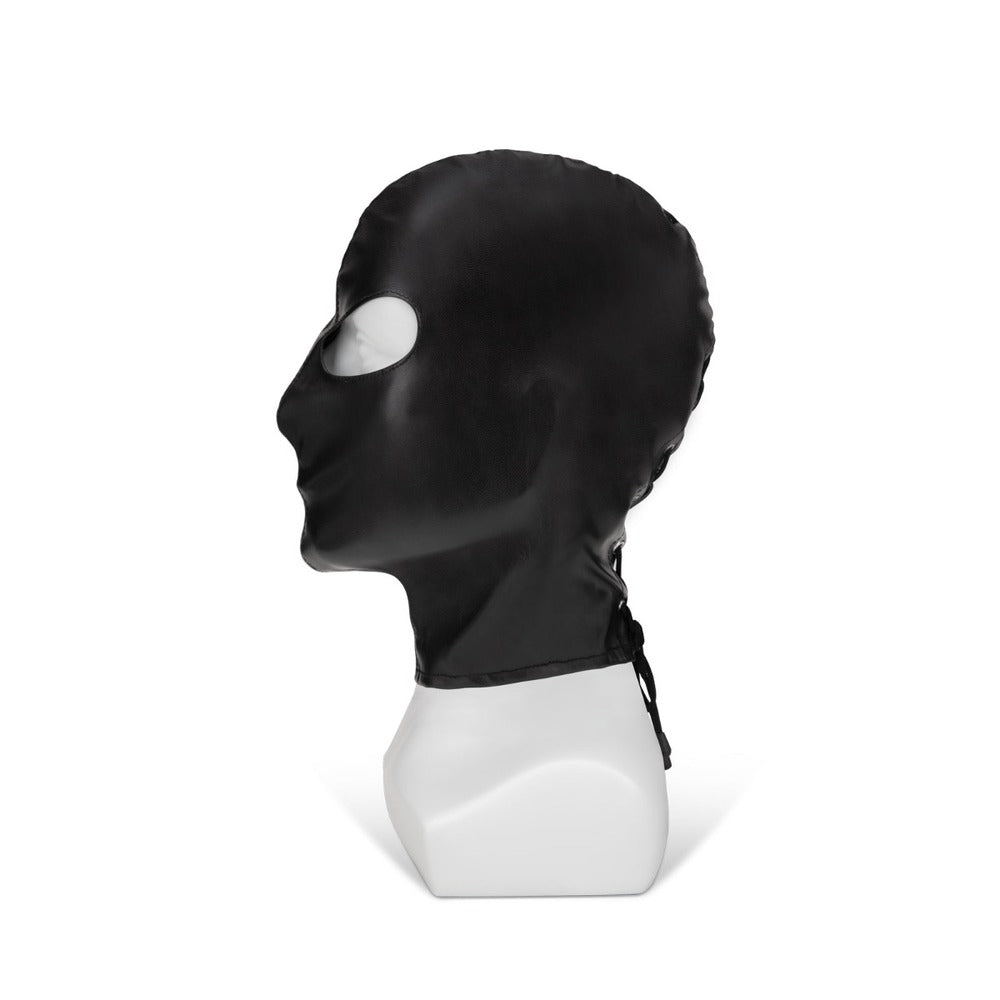 Black PU hood with eye opening on a mannequin head.