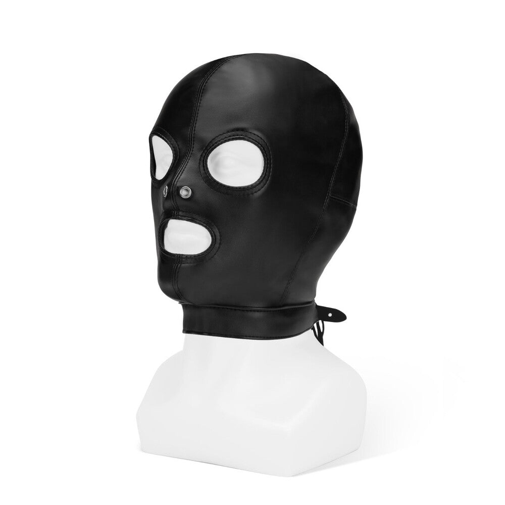 Black leather face hood with open eye, nose and mouth holes.
