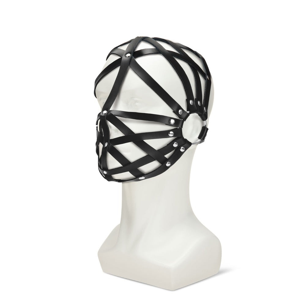 Black faux leather "Web Hood" face mask on a white mannequin head.