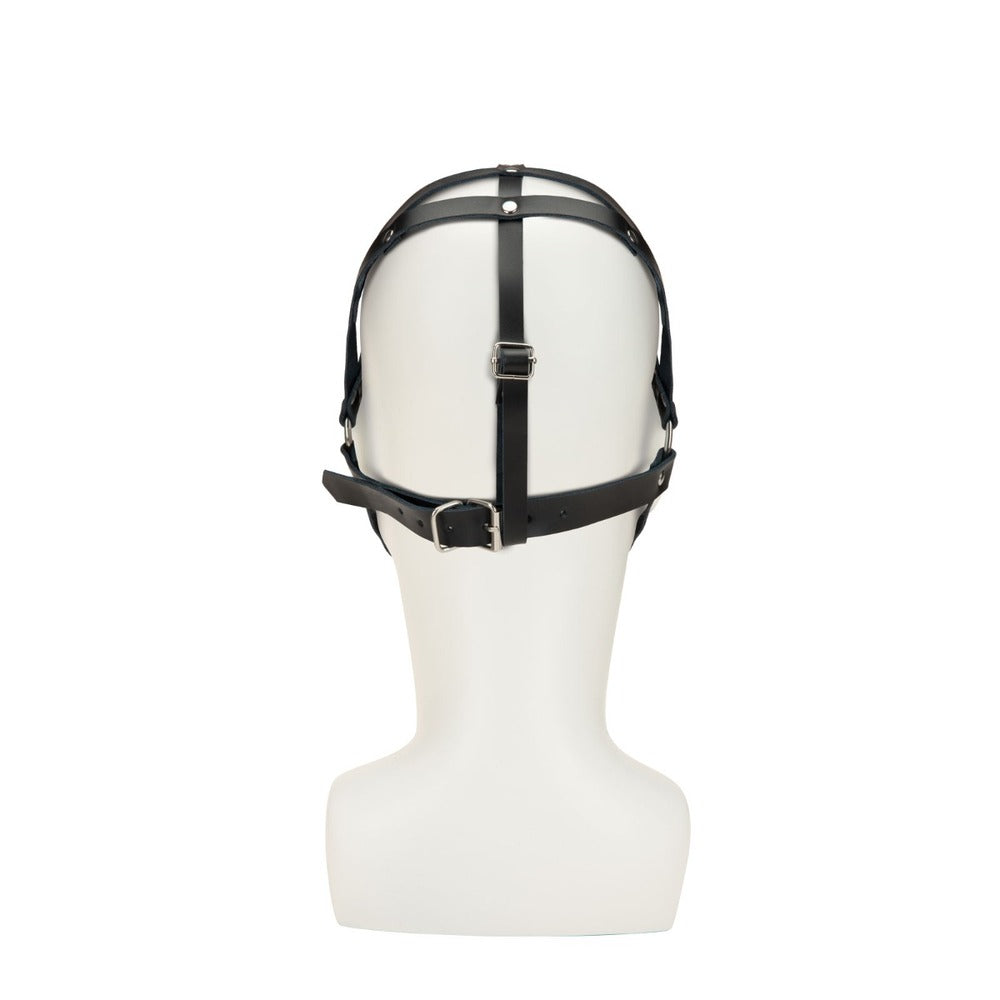 Black leather web hood mask on white mannequin head.