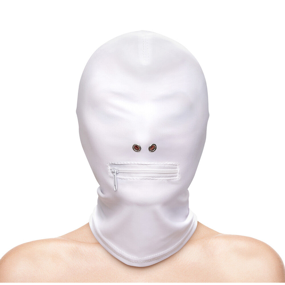 White fetish hood with eyelets and zipped mouth.