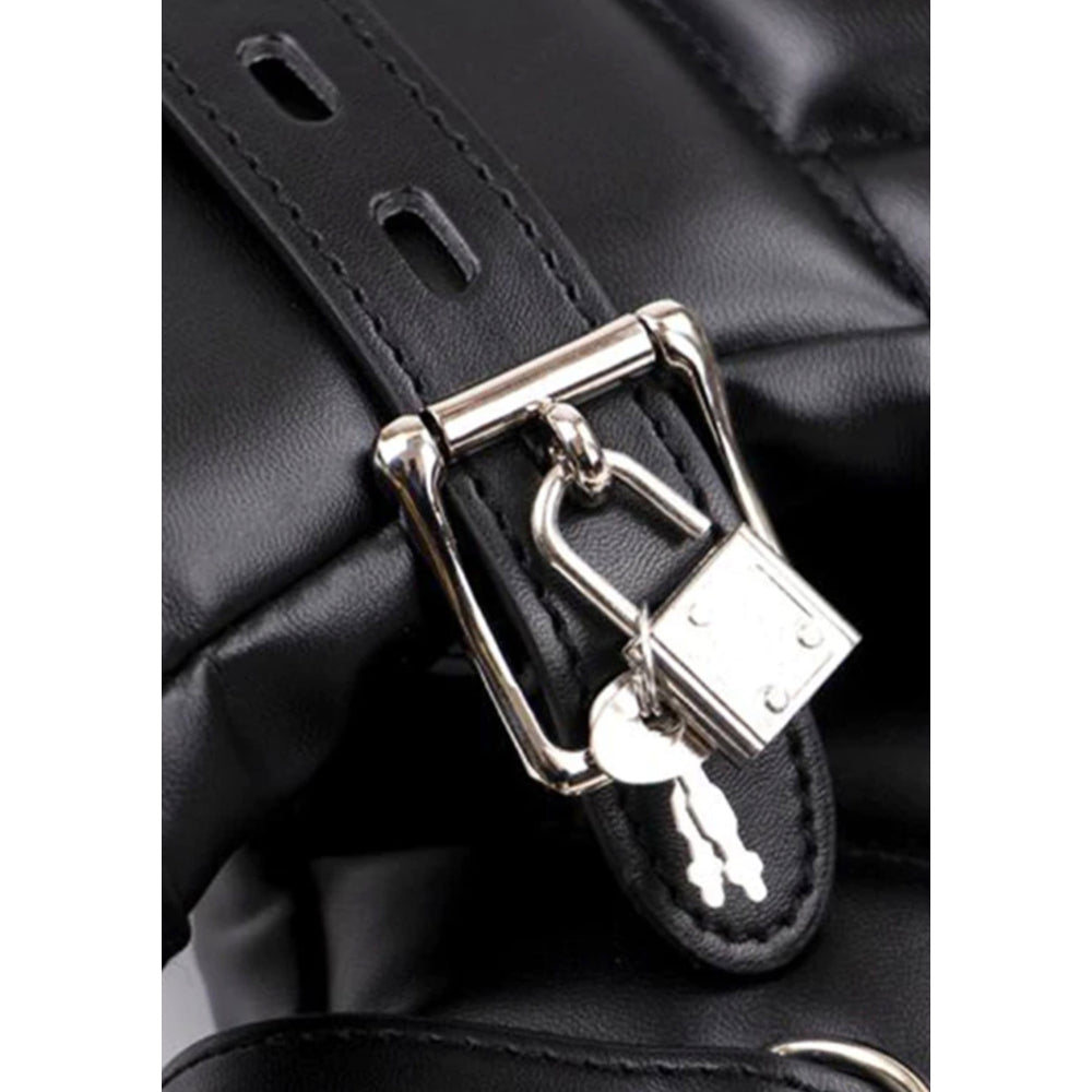 Close-up of a black neoprene restraint with buckle and padlock.
