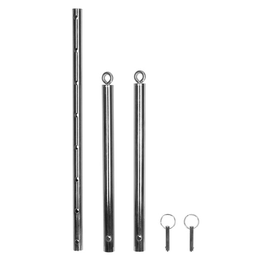 Ouch Adjustable Spreader Bar from Shots Toys. Shiny metal poles and pins for bedroom adventures.