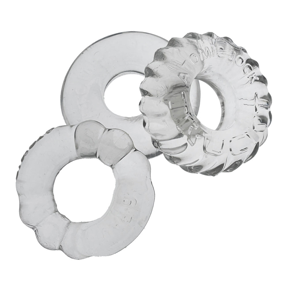 Oxballs Bonemaker clear cock ring three-pack.