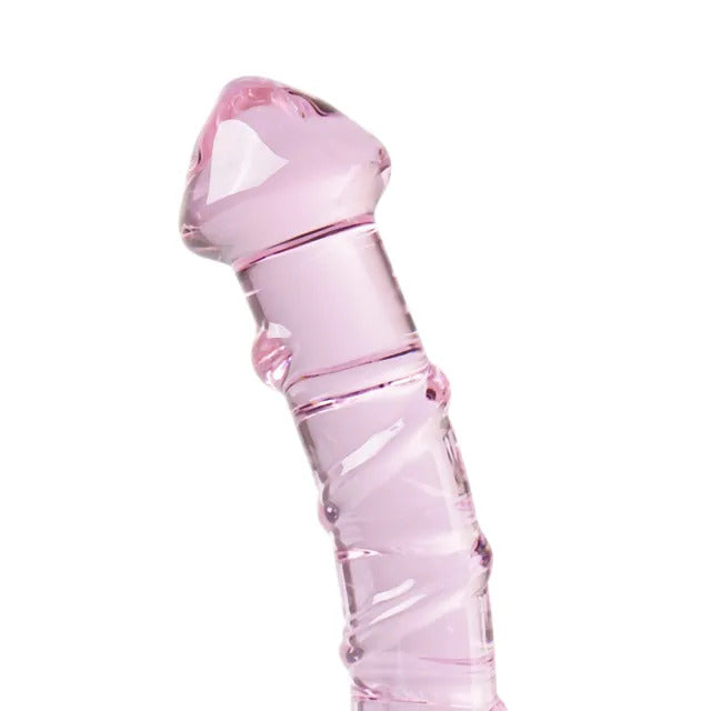 Textured pink glass dildo