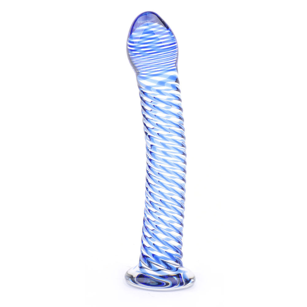 Glass dildo with swirling blue design, designed for pleasure and exploration. Let's play!