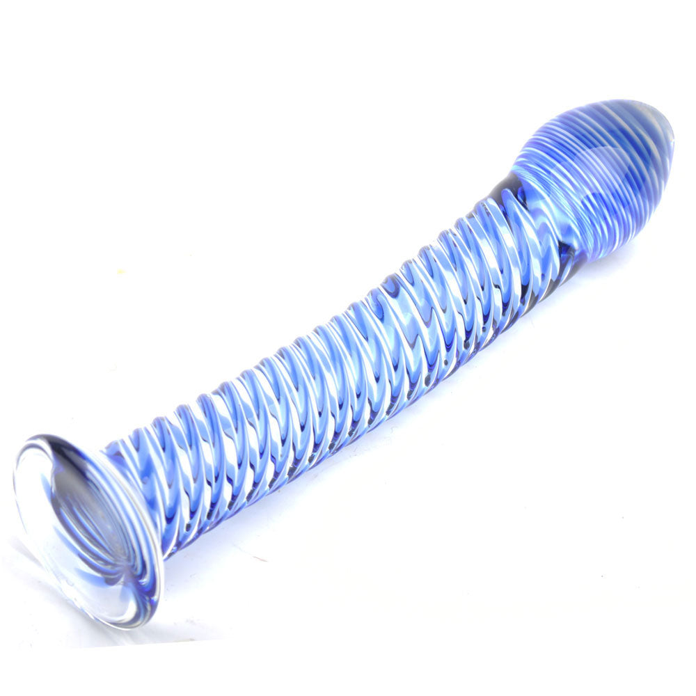 Glass dildo with blue spiral design