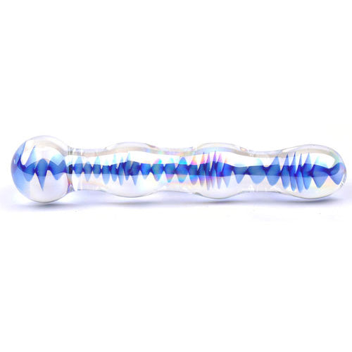 Iridescent pleasure: Glass dildo with seductive blue swirls, ready to ignite your desires.