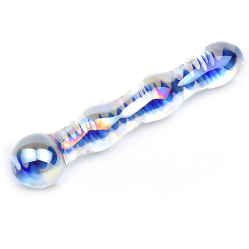Iridescent glass pleasure wand. Feels cool to the touch, promising exquisite sensations.