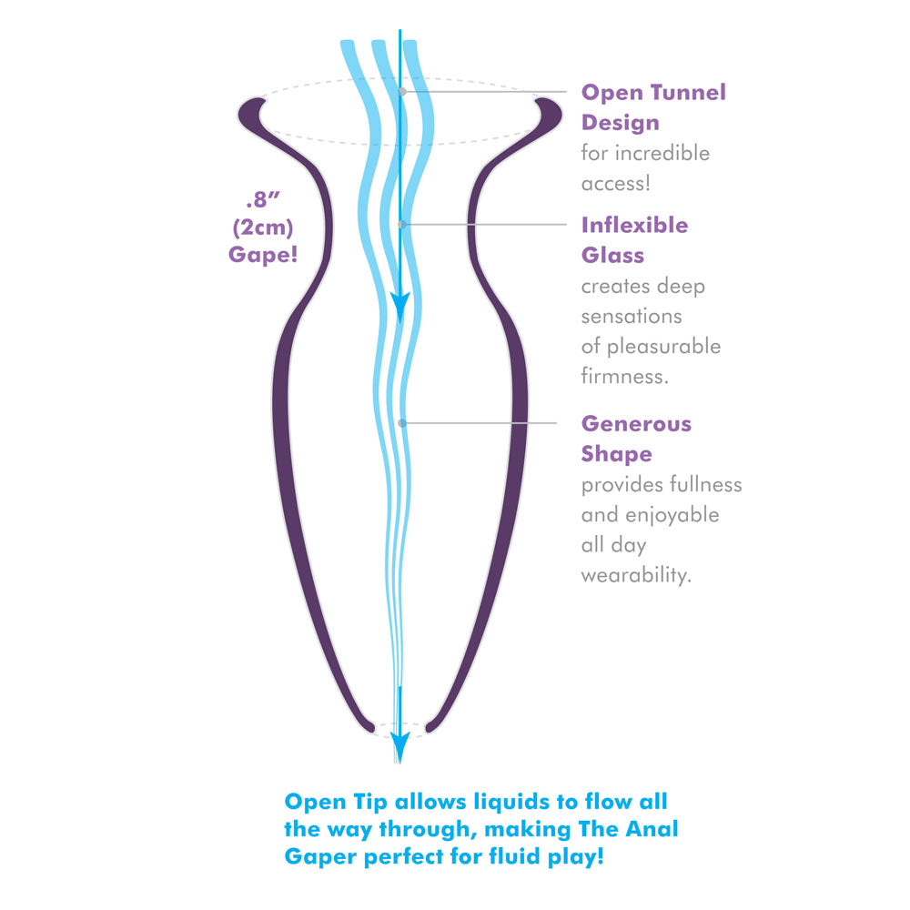 Glass anal gaper with open tunnel design. A generous shape for comfortable, fulfilling wear and exciting fluid play.