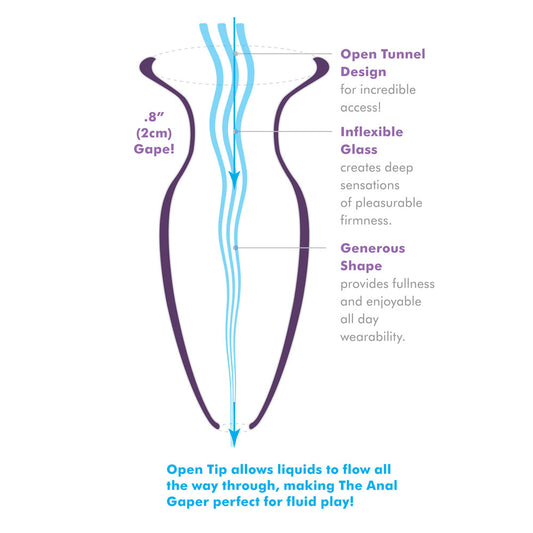 Glass anal gaper with open tunnel design. A generous shape for comfortable, fulfilling wear and exciting fluid play.