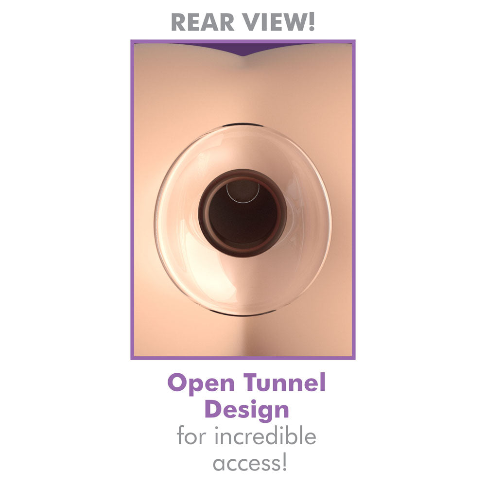 Peachy rear view featuring a glass tunnel, promising an open door to pleasure.