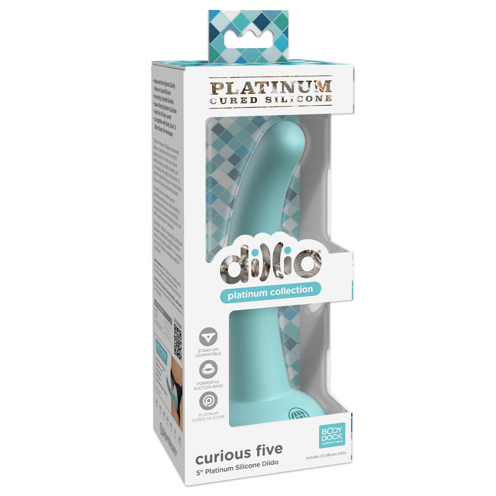 Pipedream Dillio Curious Five: platinum silicone dildo with suction base and strap-on compatibility in its packaging.