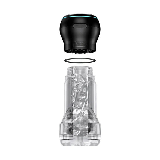 Kiiroo Feel Pocket Powerblow masturbator, with detachable black top and clear textured sleeve.