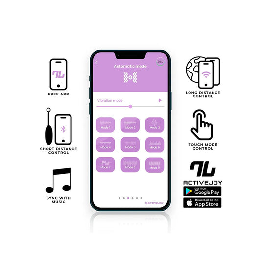 ActiveJoy app controls for a sex toy, with vibration modes, and music sync.
