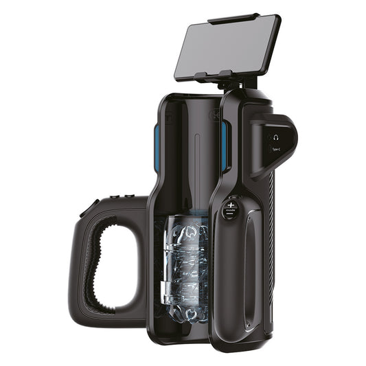 Leten thrusting stroker with phone holder. Black hands-free male masturbator.