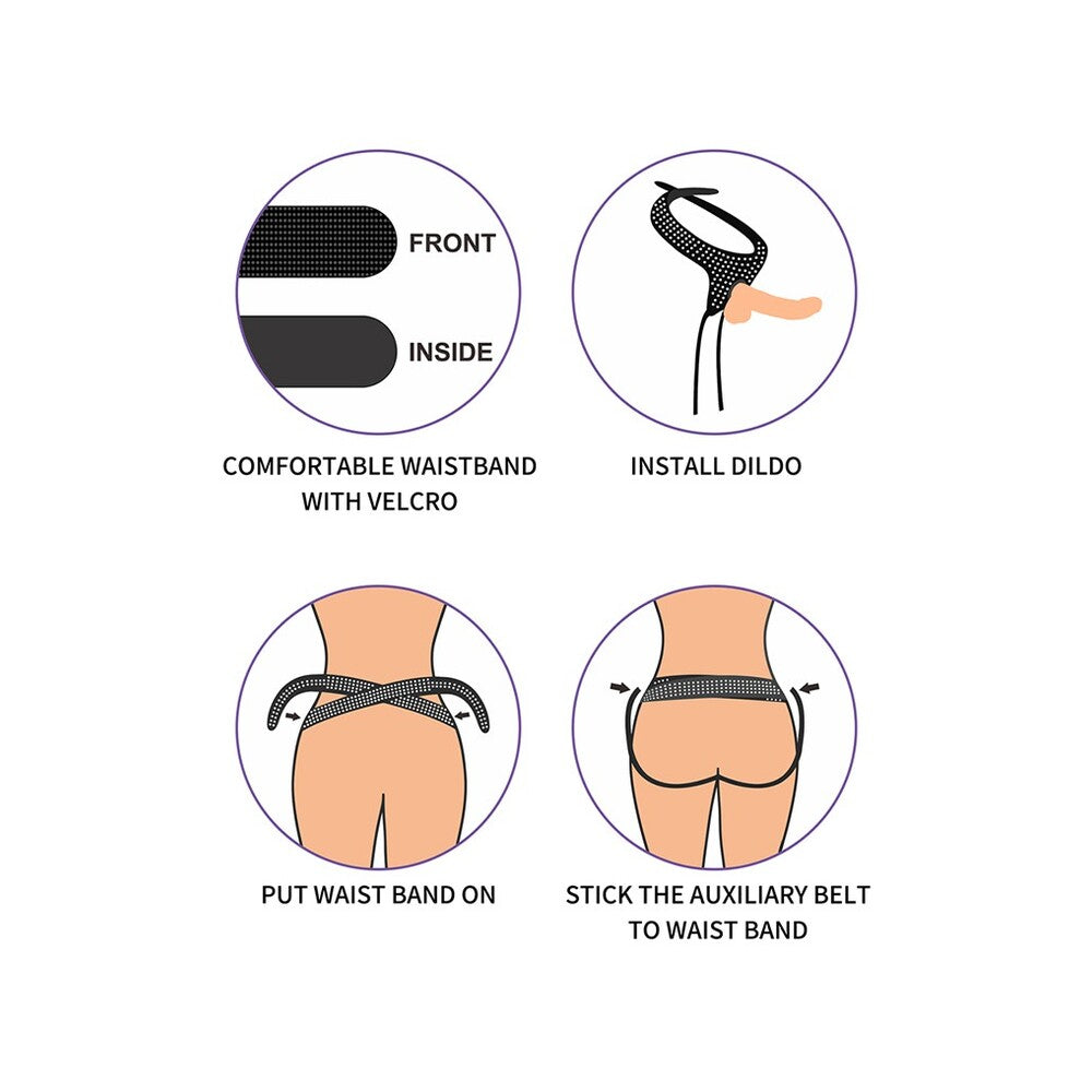 Lovetoy Easy Strapon Harness instructions: waistband with velcro, dildo installation, waistband placement, and auxiliary belt attachment.