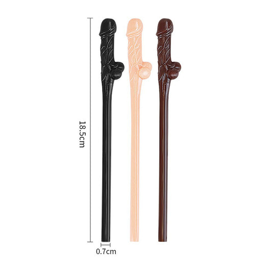 Novelty willy straws in black, nude and brown with measurements.