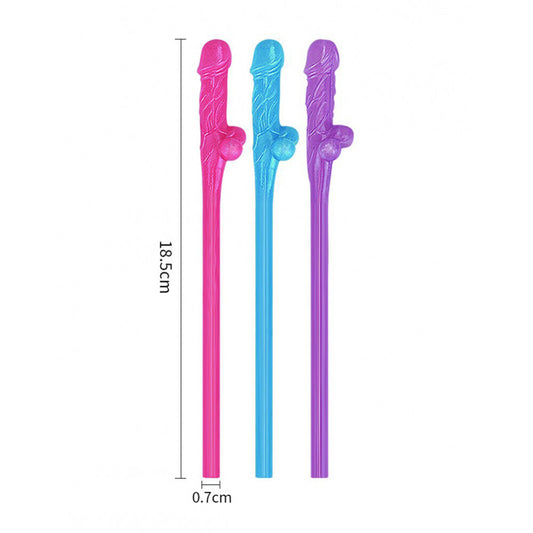 Novelty pink, blue and purple willy straws, dimensions shown.