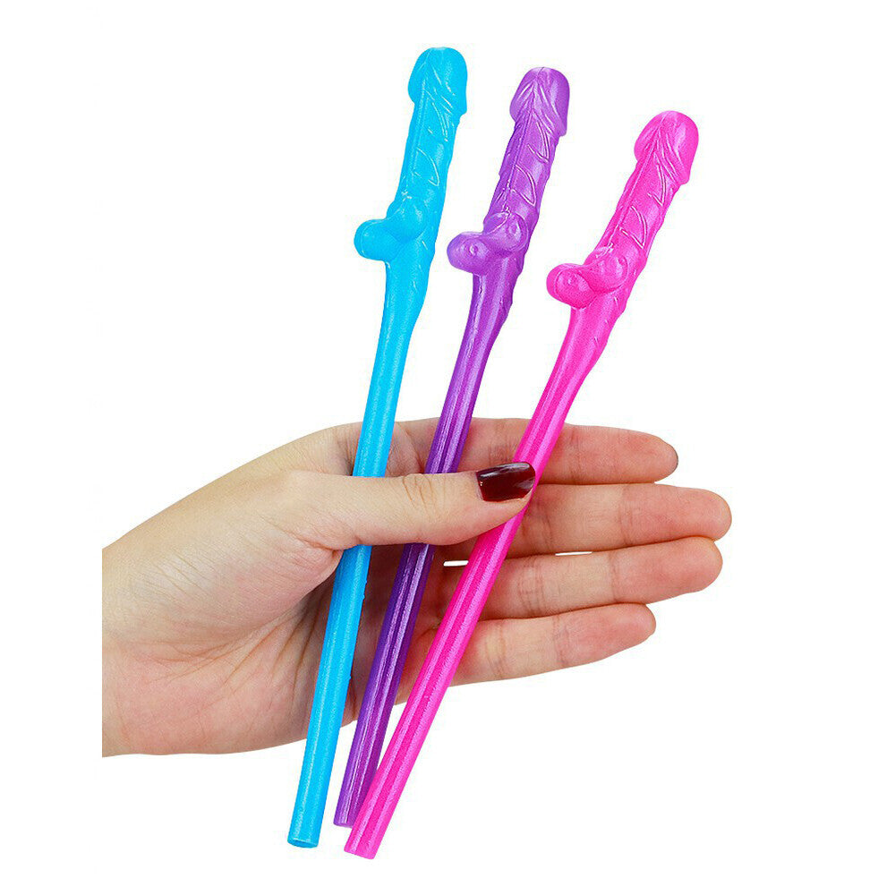 Novelty willy straws in pink, purple and blue.