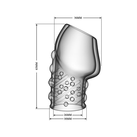 Diagram of clear, textured Matias Penis Sleeve from Pretty Love, indicating dimensions.