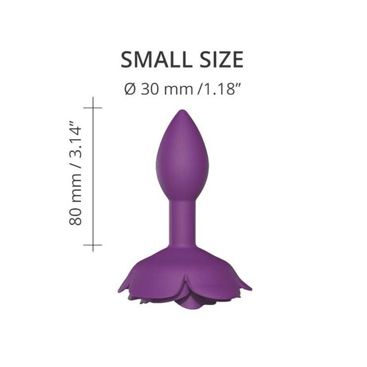 Purple rose-shaped small butt plug with dimensions.