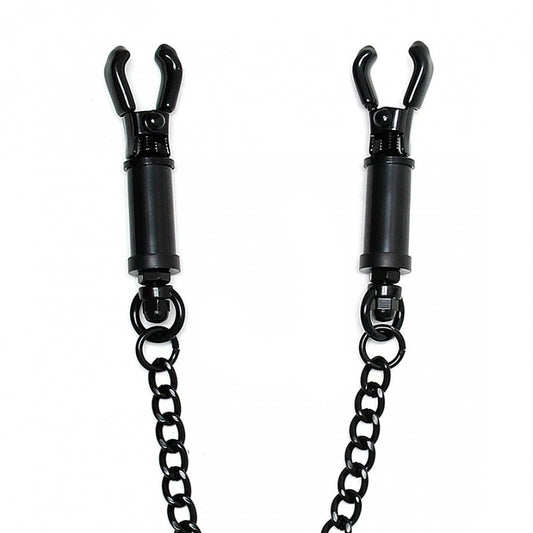 Dare to desire, my darling, with these wicked black clamps and chain. Adjustable, bold, and ready to play.