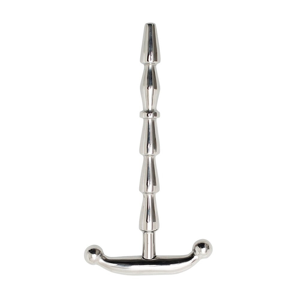 Silver ribbed urethral stick toy.