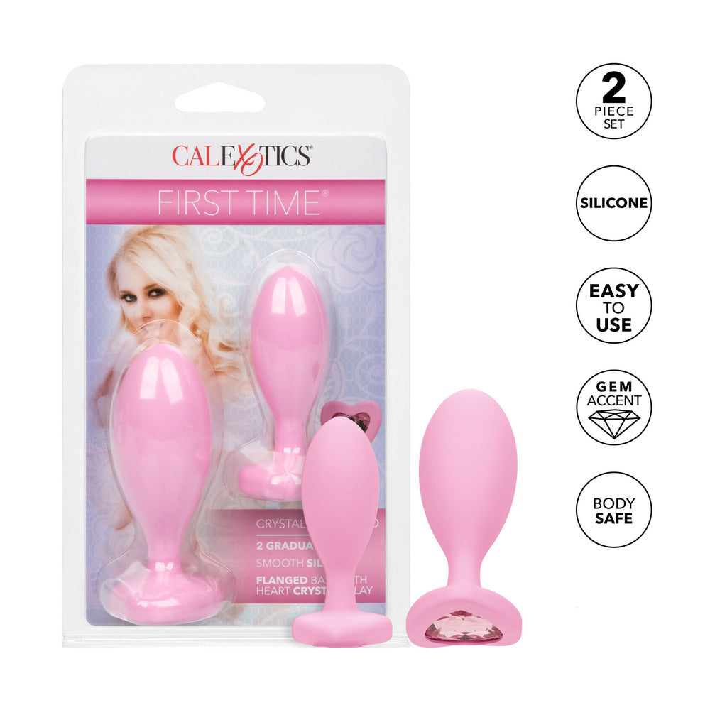 Pink crystal butt plugs: 'First Time' duo, smooth silicone with gem base.