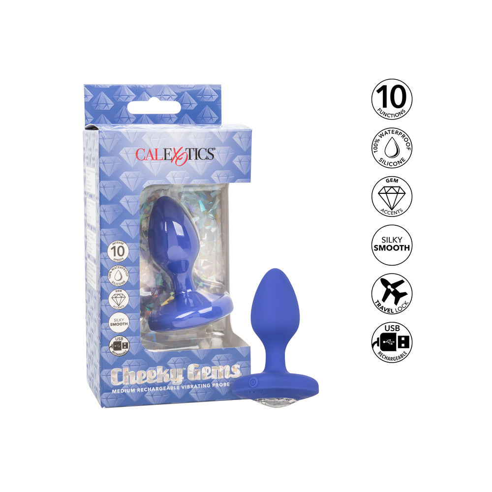 A delightful silicone vibrating butt plug, "Cheeky Gems" awaits exploration. Rechargeable, gem accented, and smooth for intimate pleasure.
