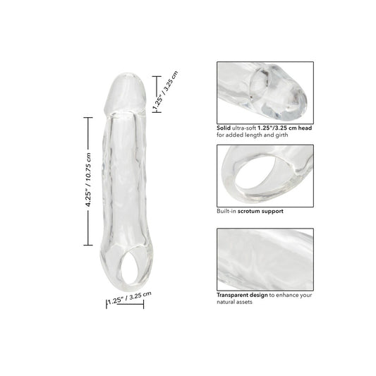 Clear penile sleeve extender with measurements shown.