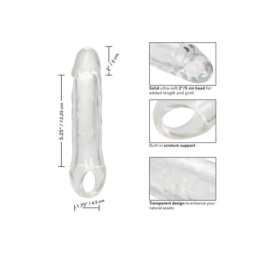 Clear silicone penis extension sleeve with measurements shown.