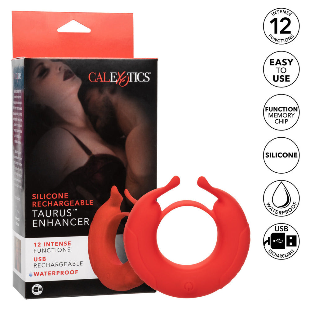 Taurus Enhancer couples cock ring by California Exotic, rechargeable and red silicone.