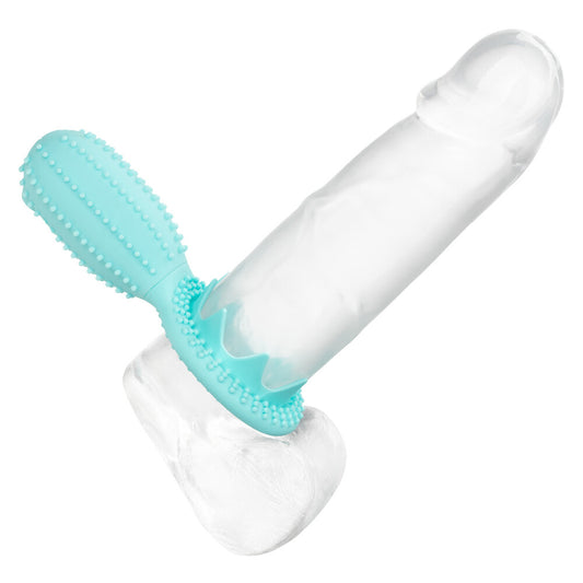 Teal textured Elite 12X cock ring and penis sleeve for enhanced sensations.