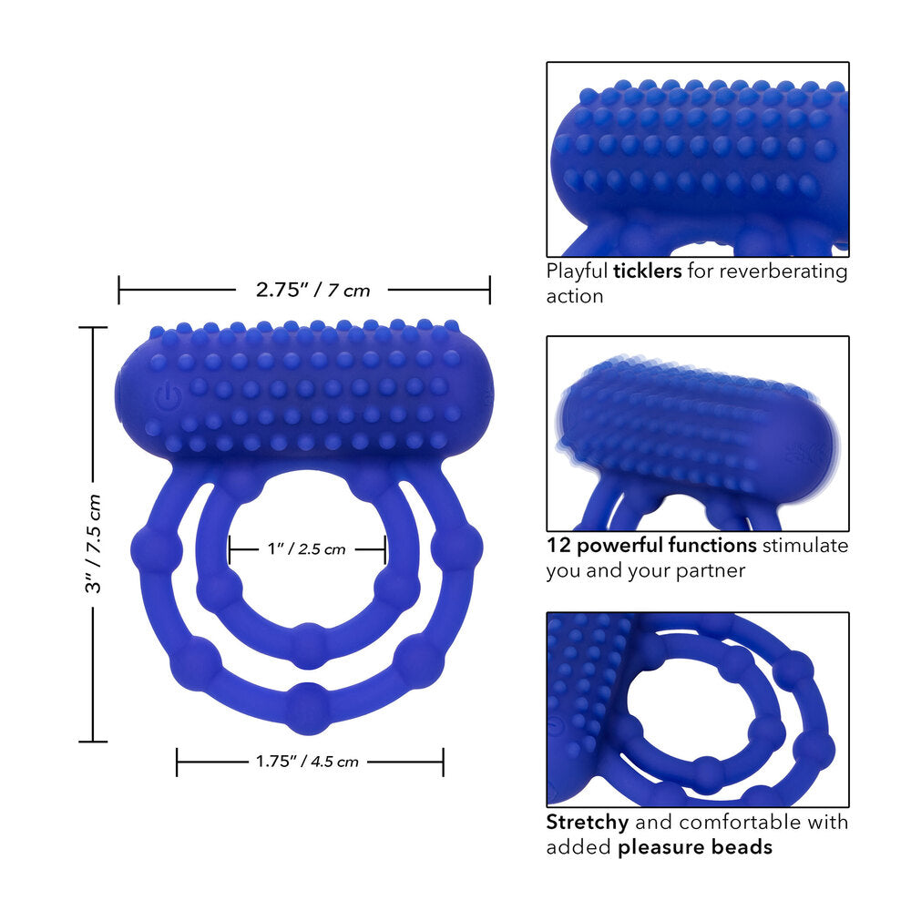 Elevated pleasure awaits! This royal blue cock ring features textured beads and dual rings for intensified sensations and shared delight.