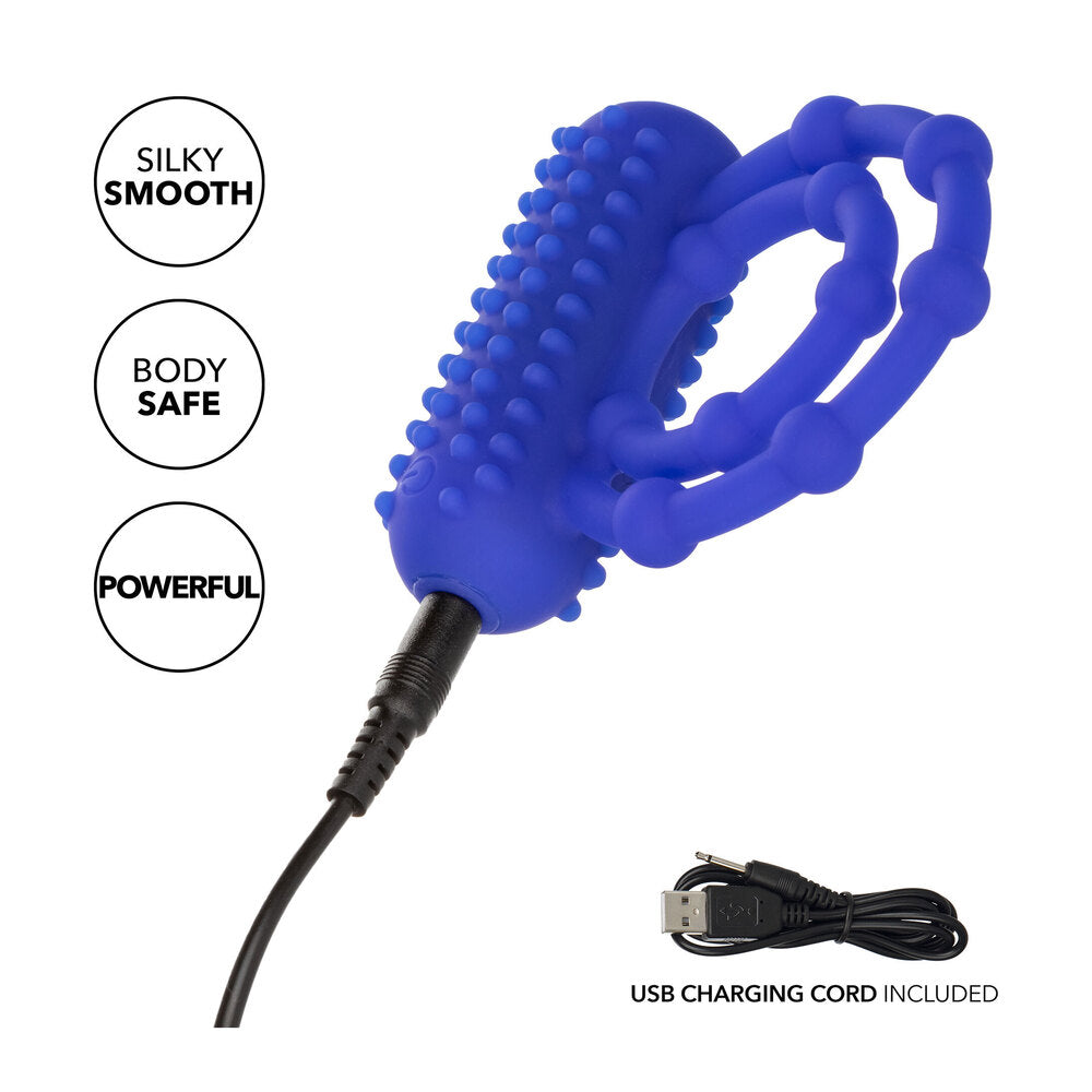 Silky smooth blue cock ring, beaded for pleasure. Rechargeable and ready to play.