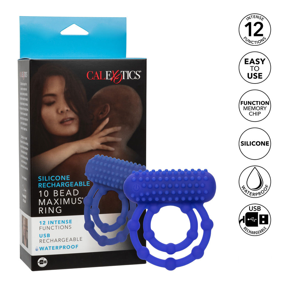 Unleash your inner hedonist with the 10 Bead Maximus cock ring. This blue silicone ring offers both pleasure and longevity.