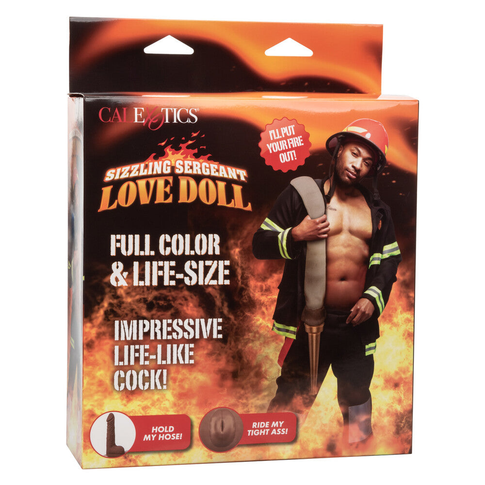 Sizzling Sergeant Love Doll box with a shirtless fireman and cheeky taglines.