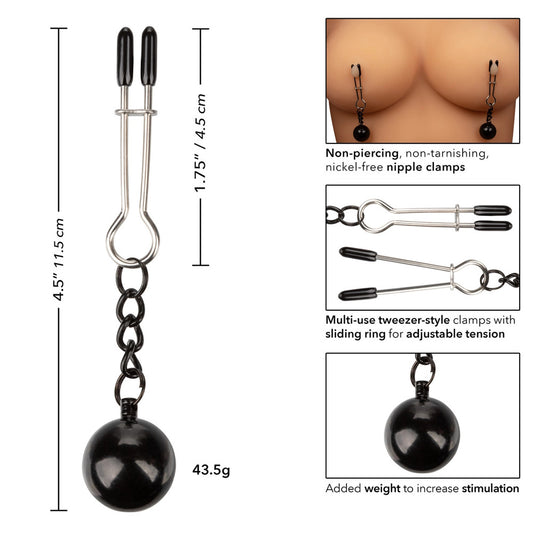 Weighted tweezer nipple clamps, adjustable tension, for nipple play.