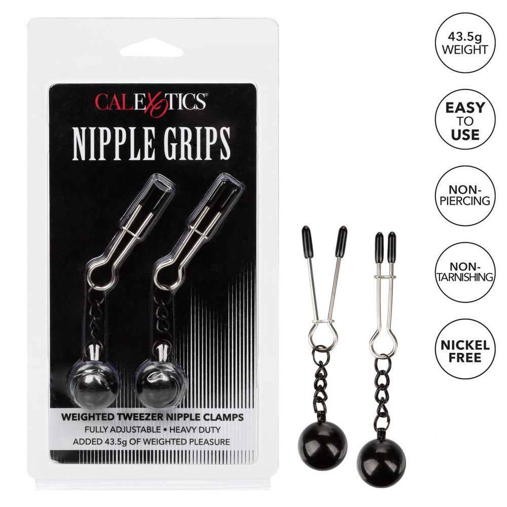 Weighted Tweezer Nipple Clamps for a playful tickle. Adjustable, nickel-free design for added sensation and fun.