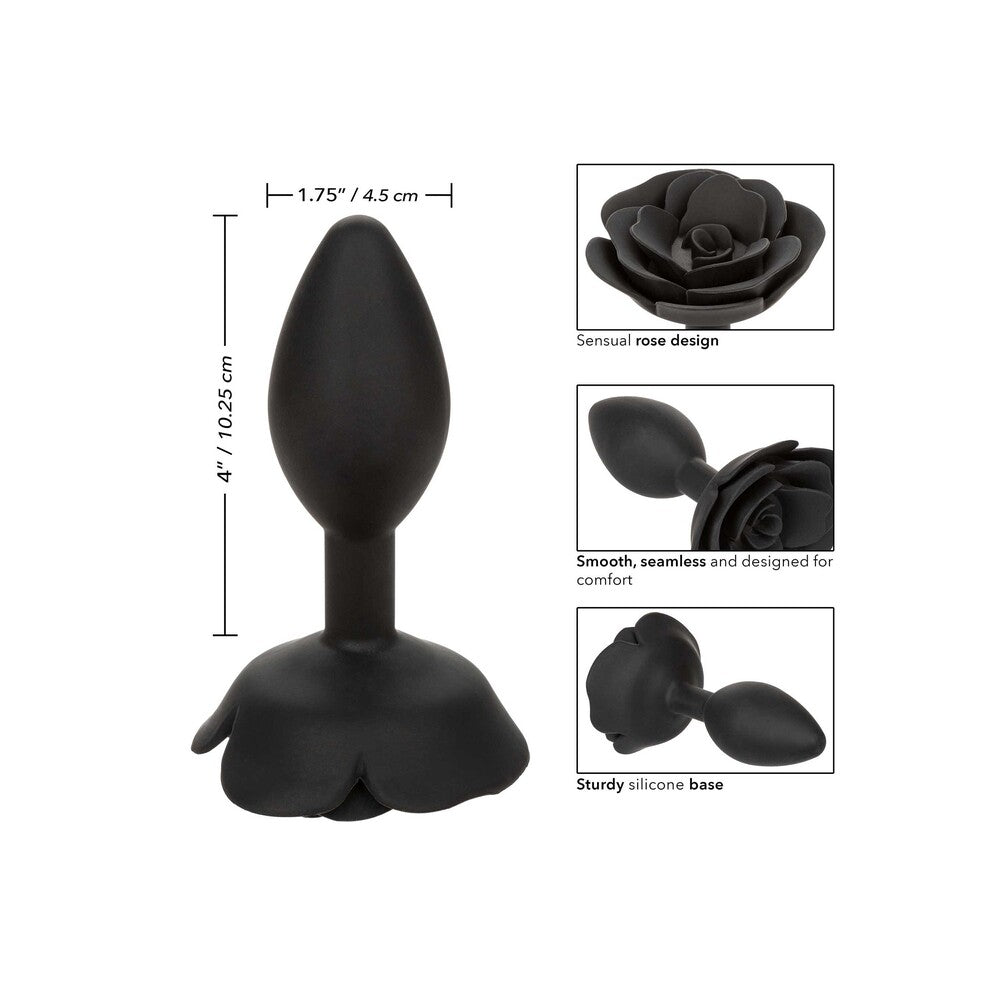 Black rose anal plug with dimensions.
